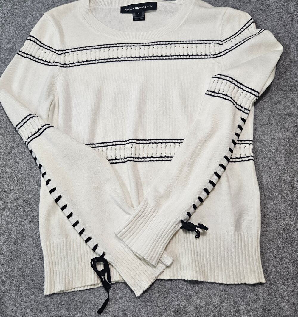 French Connection Ivory Boho Open Stitch Striped Knit Lace Up Sleeve Sweater M